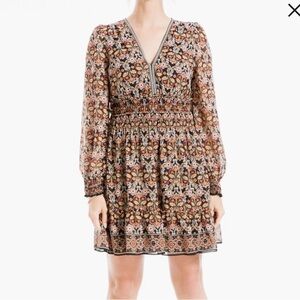 Max Studio Black Multi Floral Smocked V-Neck Long Sleeve Dress